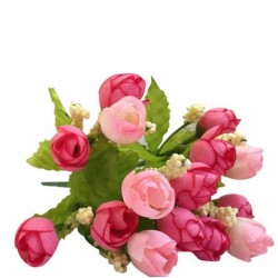 AJKOY-15 Heads Artificial Rose Silk Fake Flower Leaf Home DecorBridal Bouquet Pink